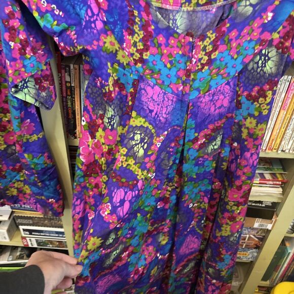 Vintage 60s Barkcloth Hawaiian Honeymoon Set Maxi Dress & Men's Shirt Purple L M - Picture 7 of 10